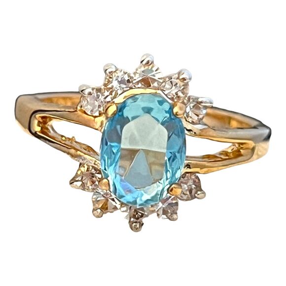 Vintage Ring Size 7 Blue CZ Cocktail Ring 14KT Gold Plate 14X - Picture 1 of 5